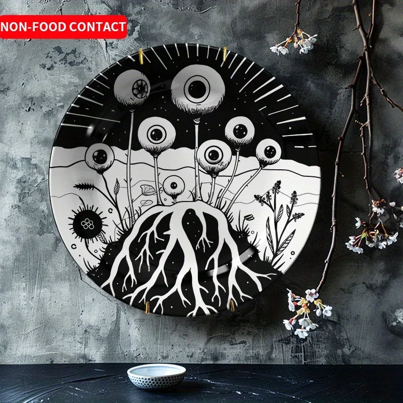 1pc Nordic Style Ceramic Wall Art Plate - Black & White Hand-Painted Tree & Sun Design, Circular Non-Food Contact Home Decor