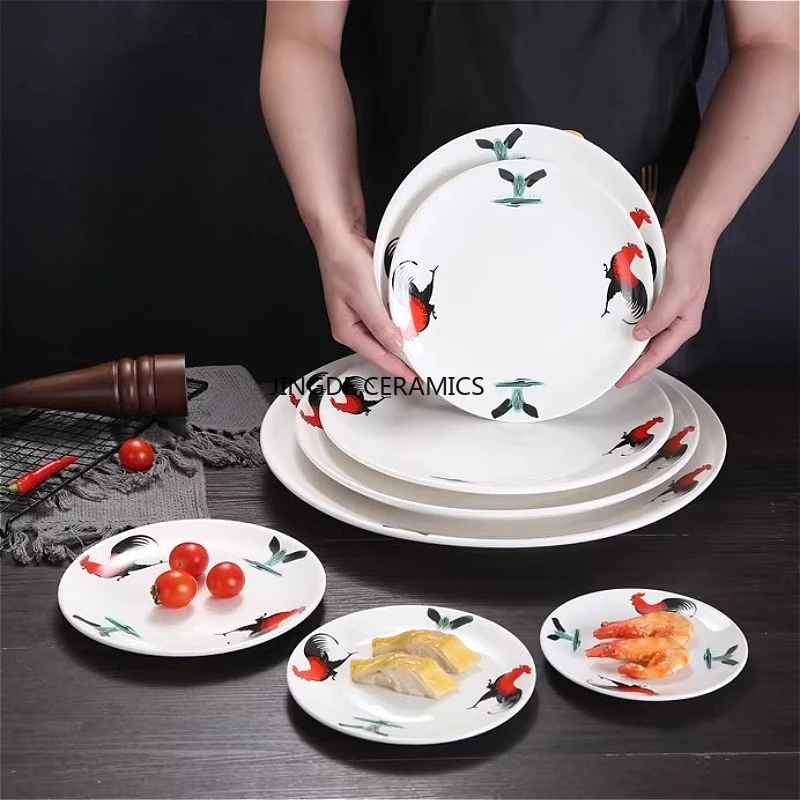 1pc Ceramic Rooster Patterned Plate Chinese Rooster Plate Hotel Applicable Bone Plates Restaurant Main Course Plate Tableware