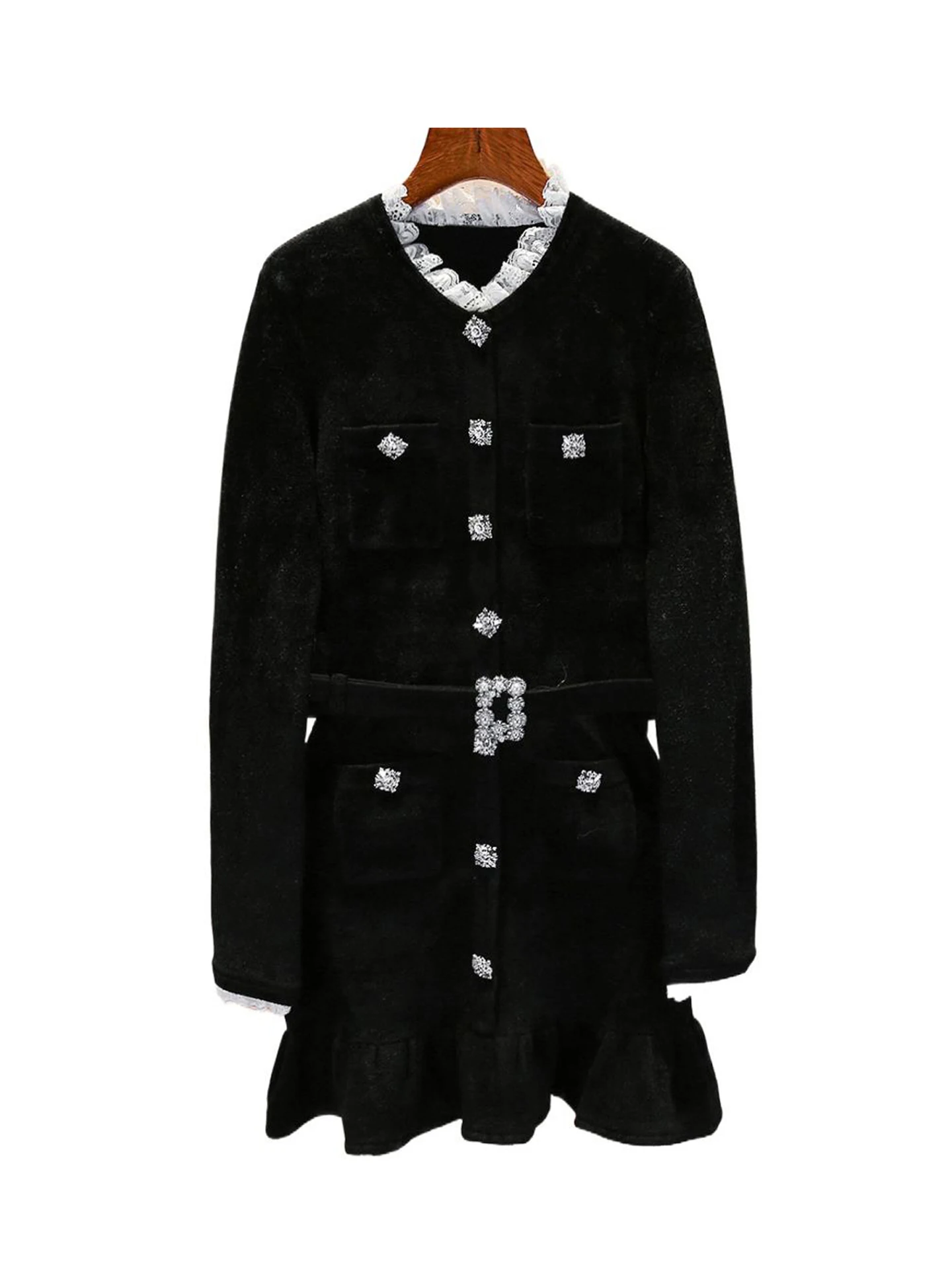 High-End Women's Lace Velvet Dr Autumn Season Ele Rich Girl Sle Button Closure Long Sve Stand Fit A-Line Skirt