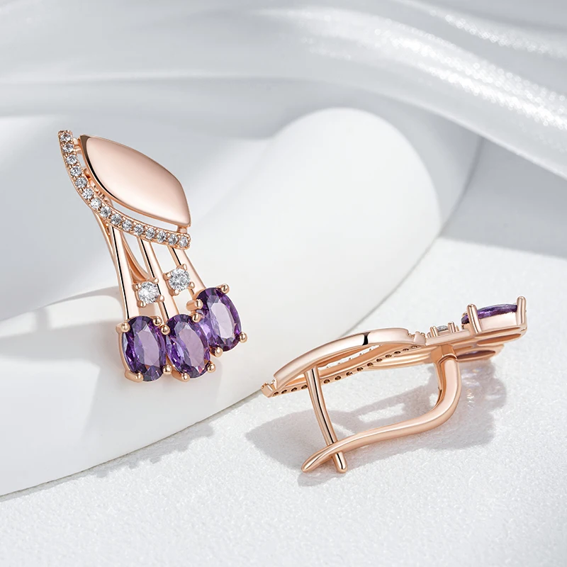 Kinel Hot Shiny Purple Natural Zircon English Earrings For Women Fashion 585 Rose Gold Color Crystal Flower Daily Fine Jewelry