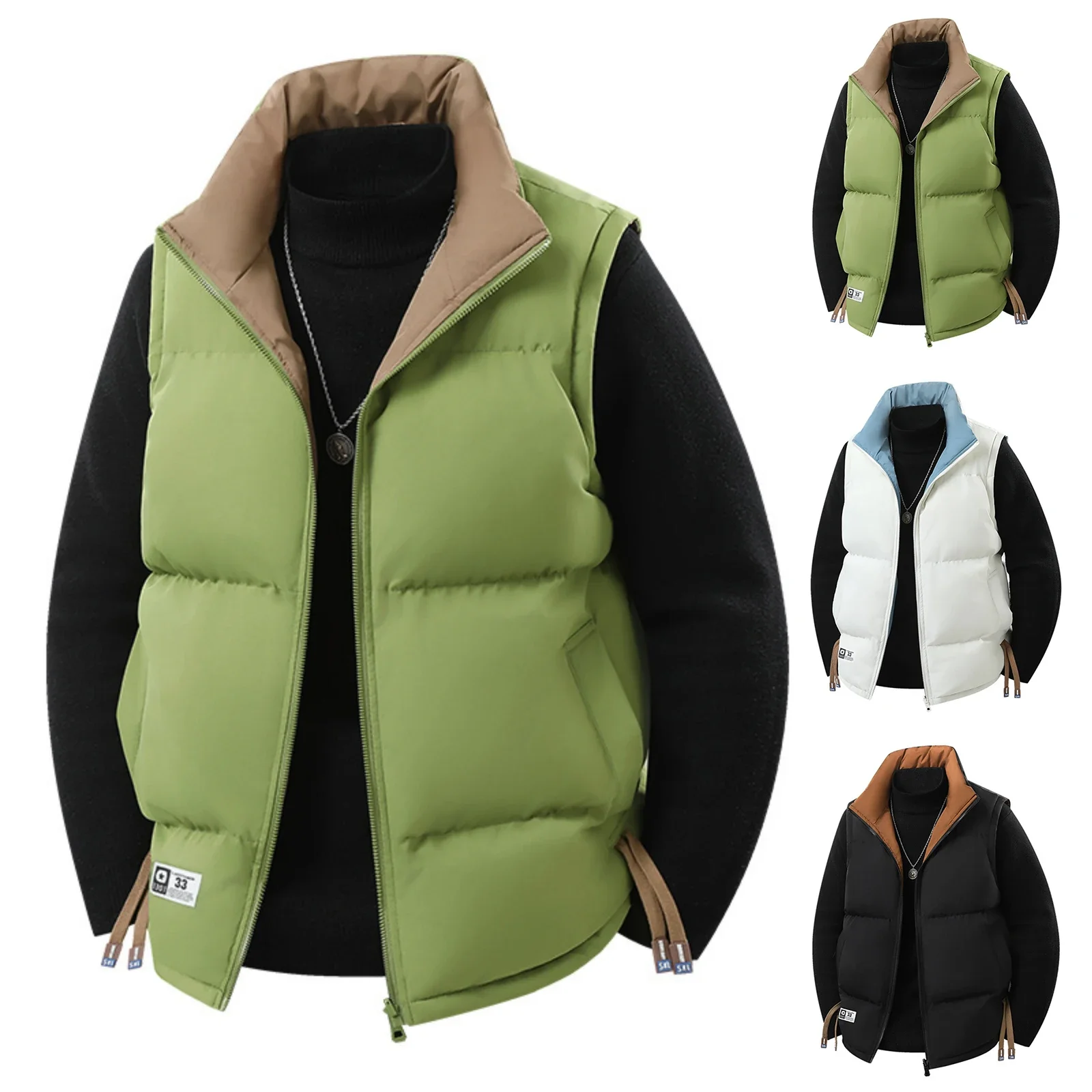 

Stand Up Collar Sleeveless Inner and Outer Contrasting Vest Men'S Cotton Thick Double-Sided Wearable Warm Vest
