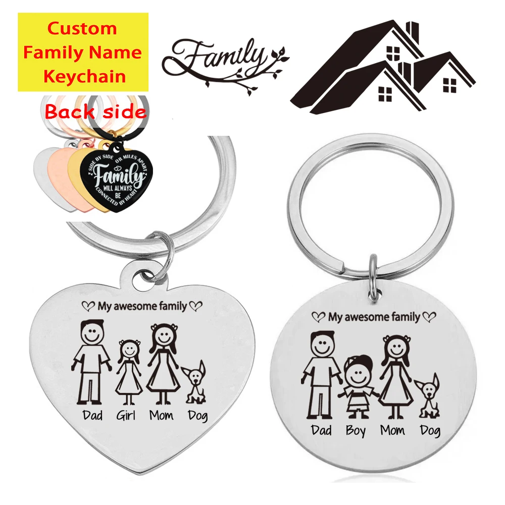 

Custom Family Name Keychain Engraving Personalized Dad Mother Kids Cat Dog Families Member Keyring Key Chain Ring Holder Gifts