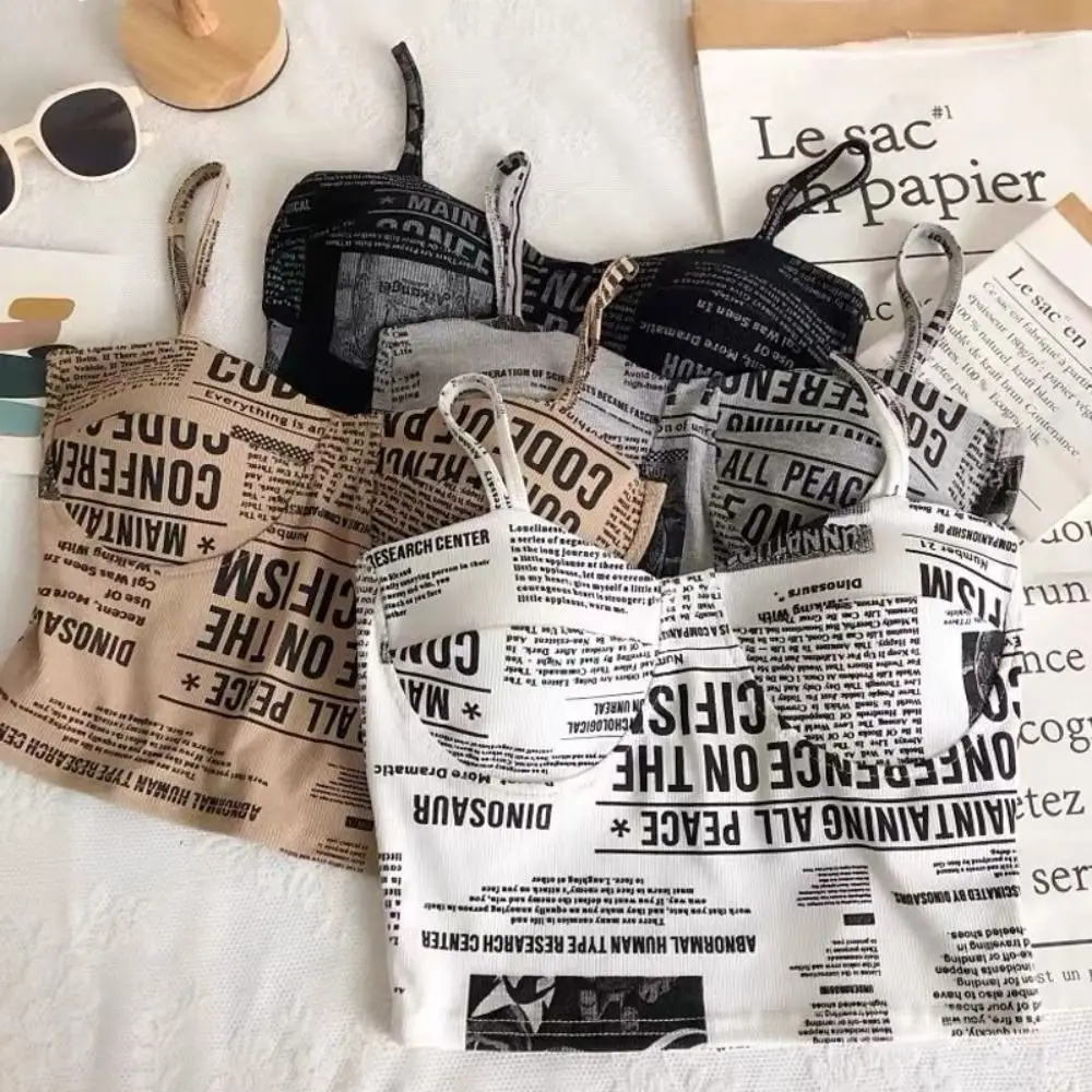 New Printed Newspaper Sleeveless Tops with Chest Pad Creative Camisole Ice Ribbon Vest Women