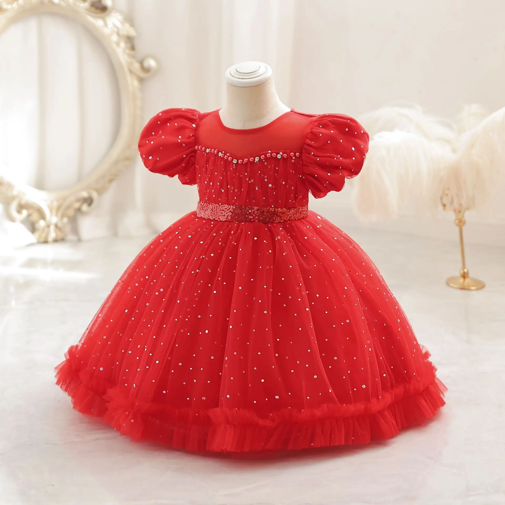 6M-5Y First Birthday Dress For Christmas Sleeveless Sequines Toddler Girl Dresses White Lace Baby Frocks Kids Party Gowns 아기원피스