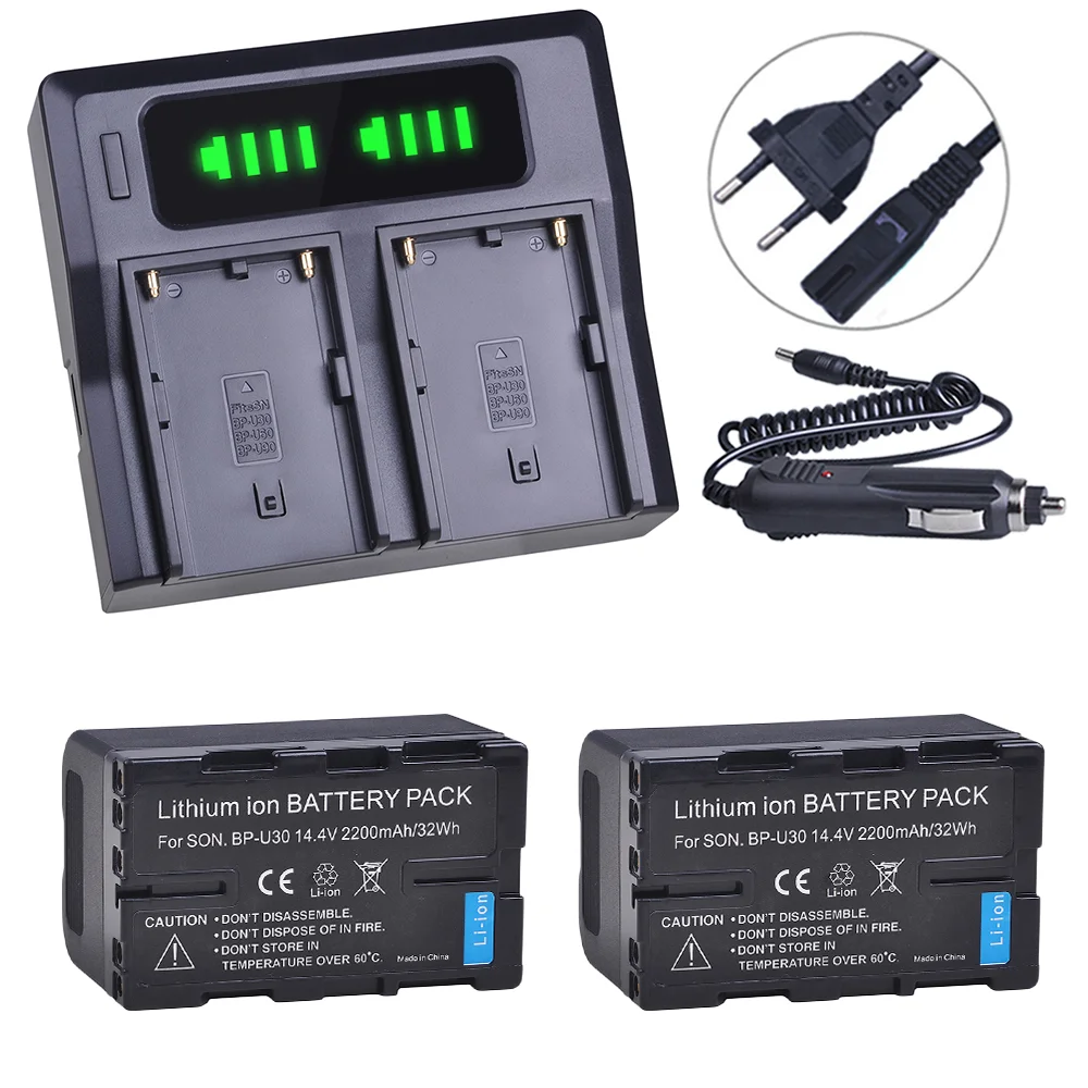 

2x 2200mAh BP-U30 bp-u30 BP U30 Li-ion Battery + LED Dual Fast Charger for Sony PMW-100, PMW-150, PMW-200, PMW-300, PMW-300K1