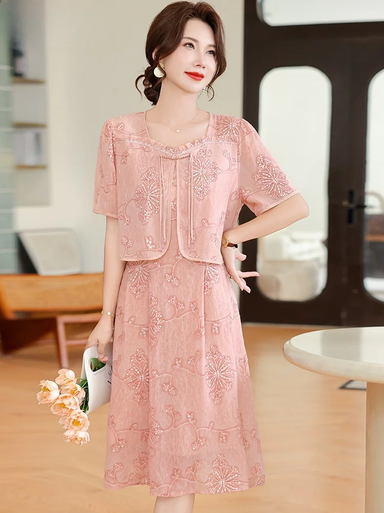 

Летнее шифоновое платье Ele Mommy в китайском стиле для женщин среднего возраста, модное, свободного кроя, с вышивкой