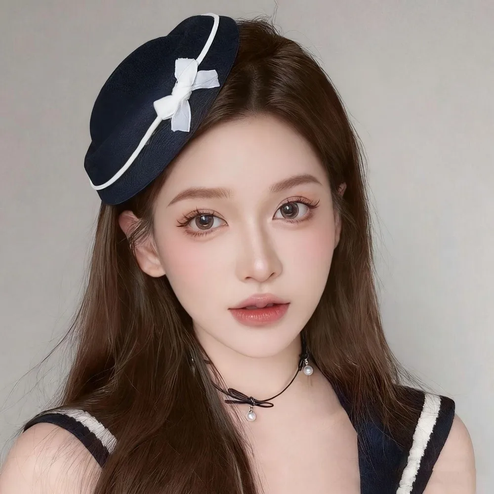 Elegant Hepburn Fedoras Hat Velvet Lolita Bow Beret Party Headwear Hat Decoration Hairband Hairclip Beret Dance Show Headwear