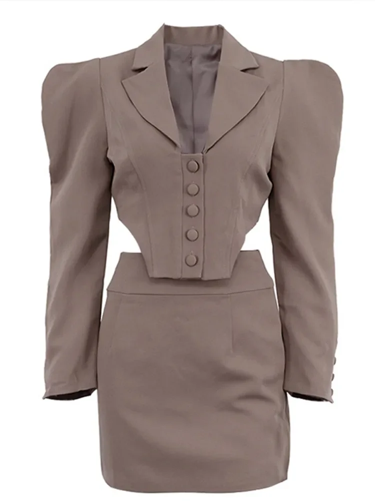 Blazer boutonné évidé à revers pour femmes, haut 2 pièces, manches longues, jupes minces pour femmes, olympiques pour femmes, tenues High Street, nouvelle mode, 2025