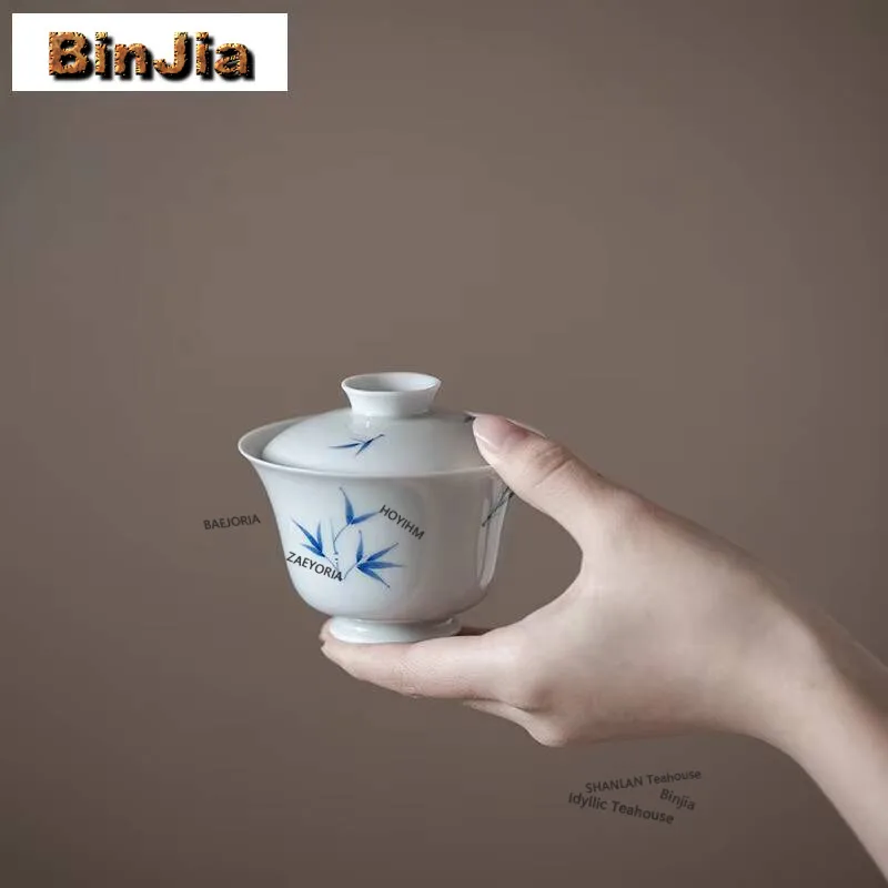 

Antique Blue Hand-painted Bamboo Gaiwan Elegant Tea Tureen Tea Bowl With Lid Kit Tea Making Cover Bowl Tea Items Cup For Tea