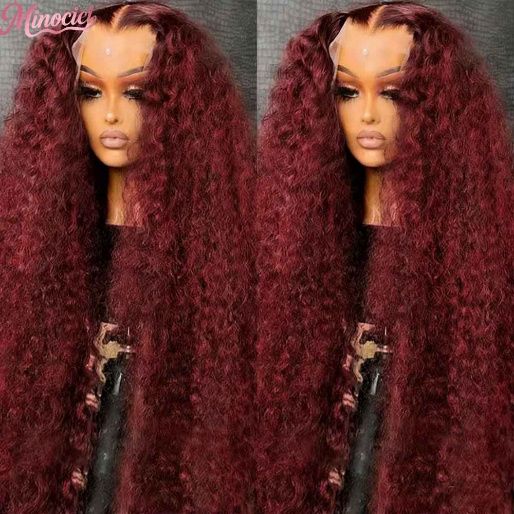 

Красный бразильский парик из натуральных волос 99J Burgundy Curly, 13x6 HD Lace Frontal, плотность 250%, 36 дюймов, с предварительно выщипанной линией роста волос