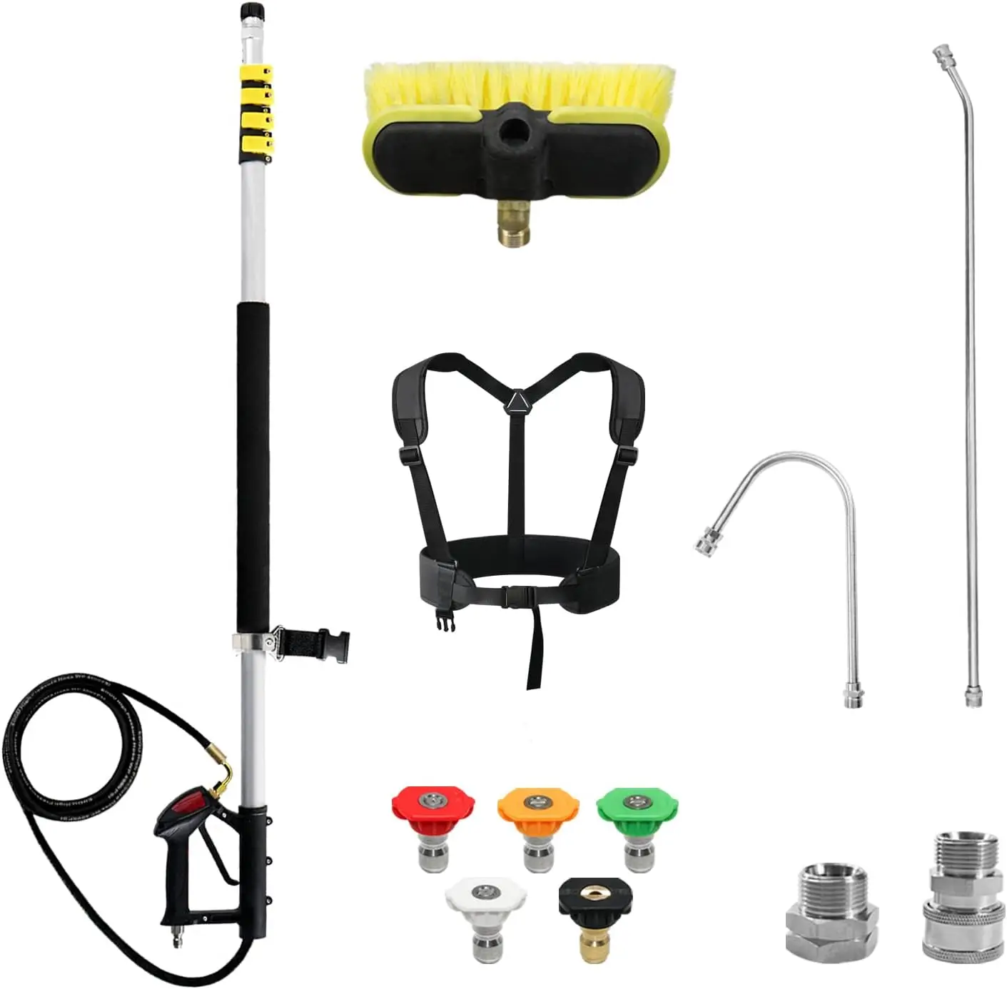 

24FT Telescoping Pressure Washer Wand with Brush, Gutter Cleaner, 5 Nozzles, Belt & Adapters