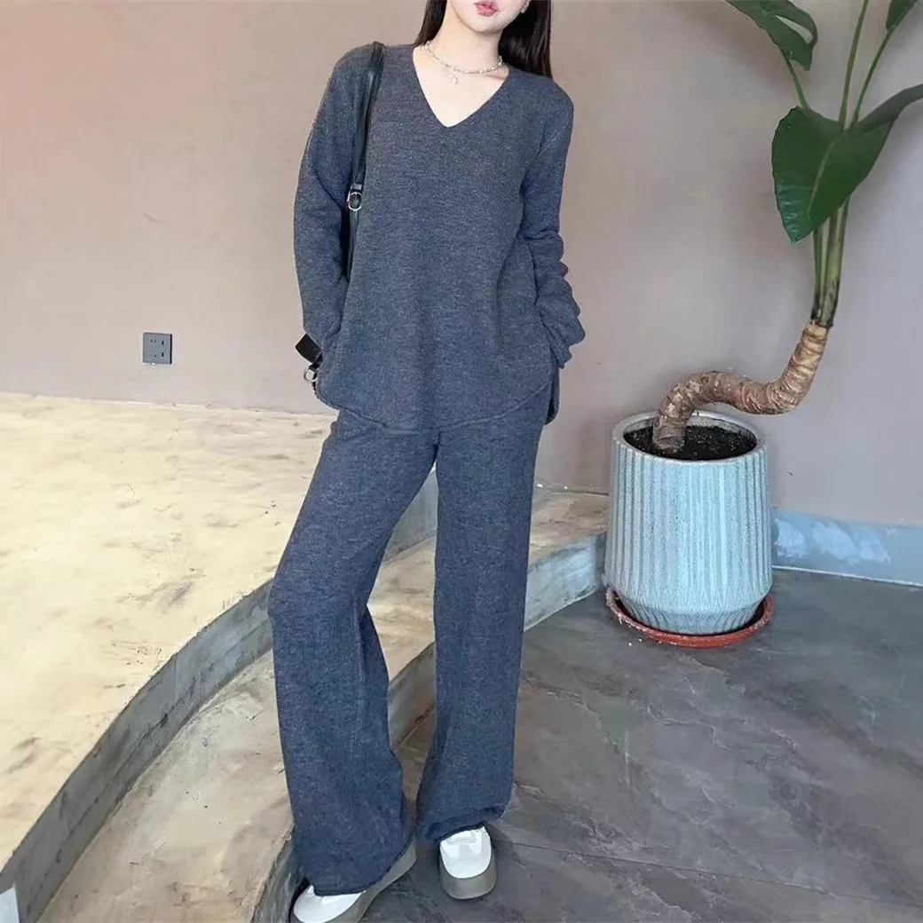 

Fashion Casual Knitted Sweater Women's Set Spring and Autumn New V-neck Sweater Wide Leg Pants Two-piece Set