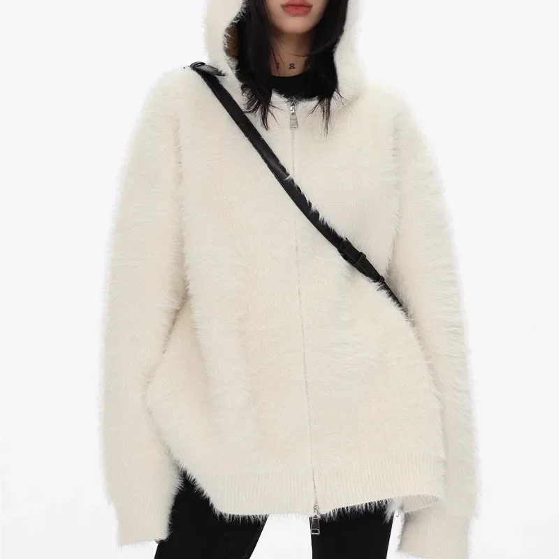 

American Retro Hairy Hooded Sweater Cardigan Women's 2024 Winter New Casual Versatile Loose Top Jacket