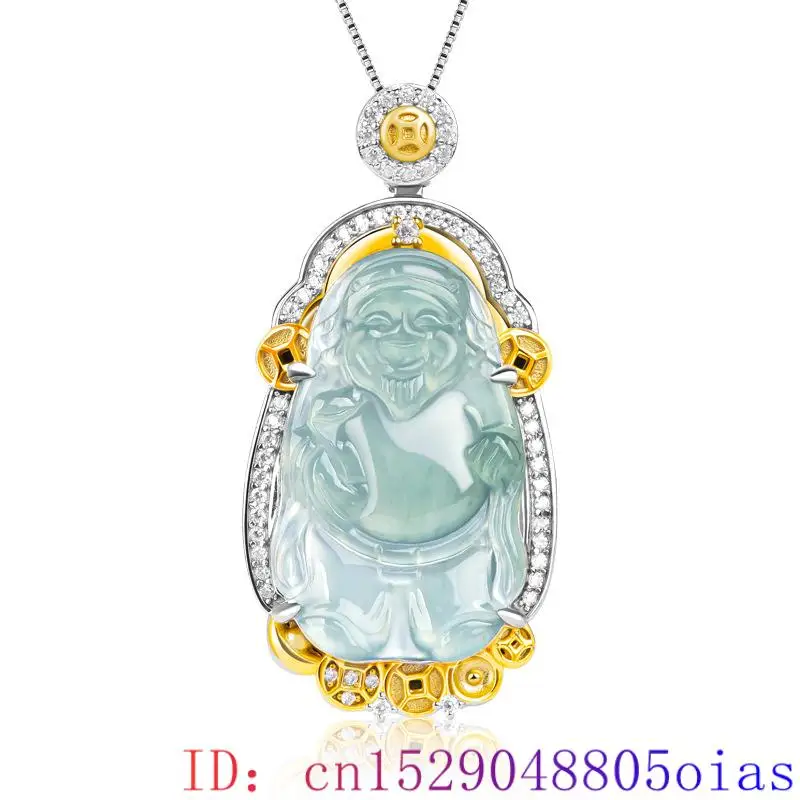 Blue Myanmar Jade God of Wealth Pendant Necklace Gifts for Women Men Fashion 925 Silver Natural Jewelry Real Burmese Jadeite