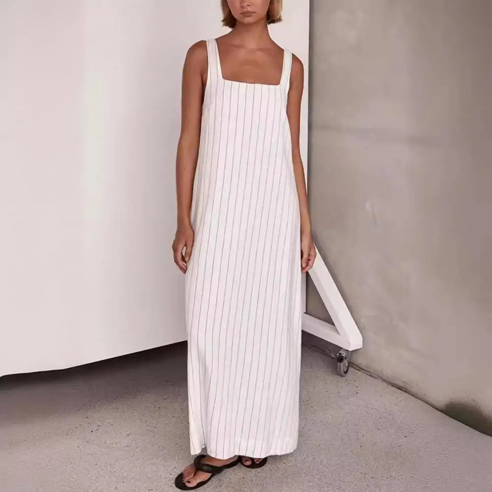 

Women Square Neck Dress Striped Square Neck Maxi Dress Stylish Summer Sundress for Wear Beach Dating Loose A-line Fit with Ankle