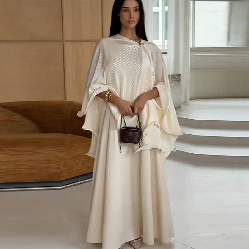 2026 Luxuriöses Einfarbiges Damen-Set: Asymmetrisches Plissiertes Cape und Satin-Maxikleid, Elegantes Bescheidenes Abaya-Outfit für Frauen