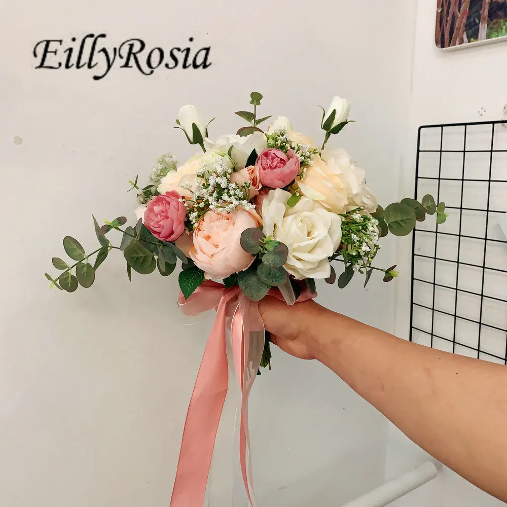 EillyRosia New Pink Cream Wedding Bouquet para dama de honra Flor Greennery Natural Bonito País Fotografia Casamento Outdoor