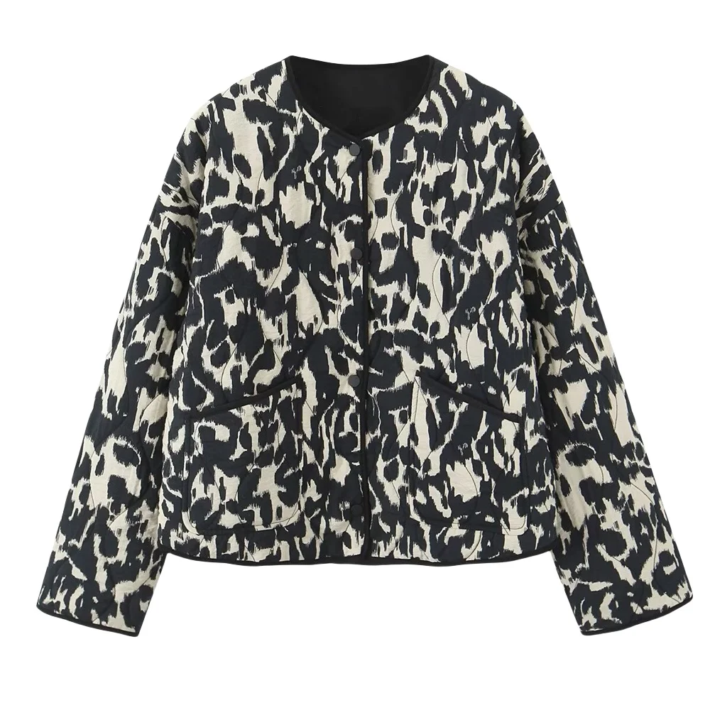 

ZARF2024 autumn and winter women's new fashion thin and versatile leopard print animal print round neck cotton jacket