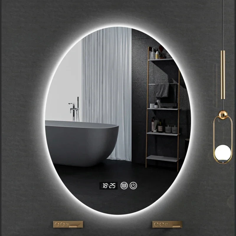 Bathroom Mirrors Minimalist Wall Hanging Makeup Mirrors with LED Light Touch Screen Modern Smart Oval Bath Mirrors Home Anti-fog