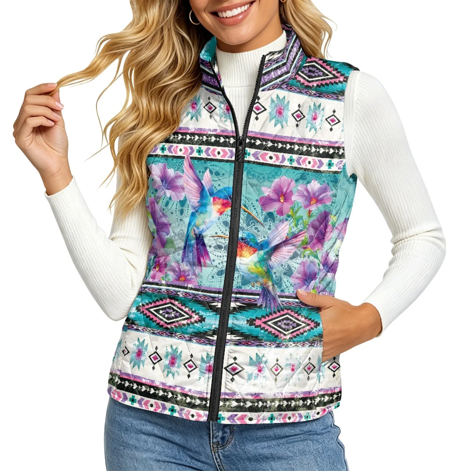 PENSTROLL Hummingbird Floral Quilted Jacket Vest for Women Golf Vest Women Sleeveless Casual Padded Outerwear for Outdoor Fall
