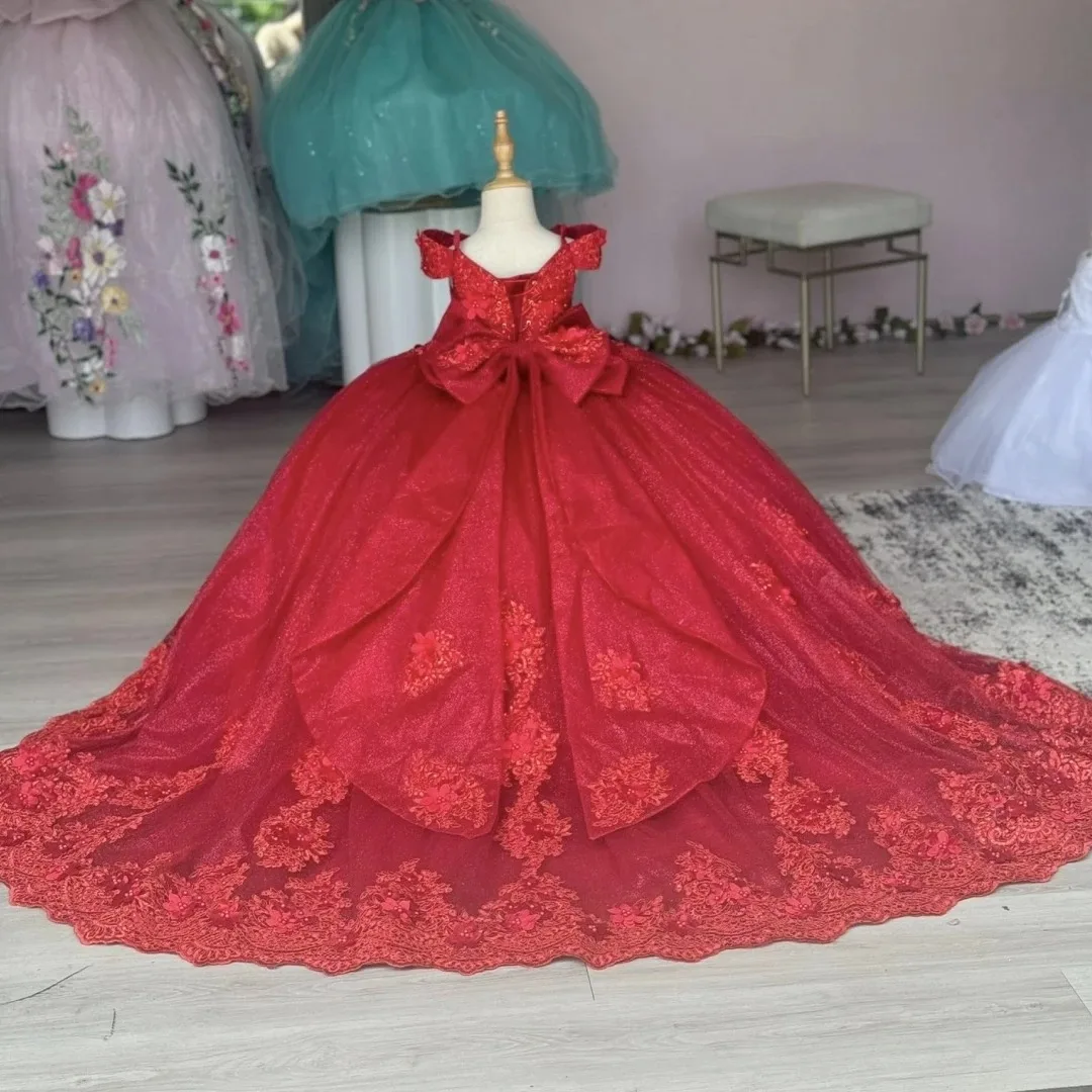 

Customized Red Flower Girl Dresses Tulle Lace Floral Appliques With Bow For Wedding Birthday Party Prom Evening Banquet Gown