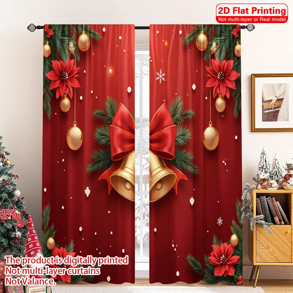

2pcs 2D flat printing Merry Christmas Curtain Christmas Ribbon Bells Fabric Without Electricity Festive Curtains Perfect for