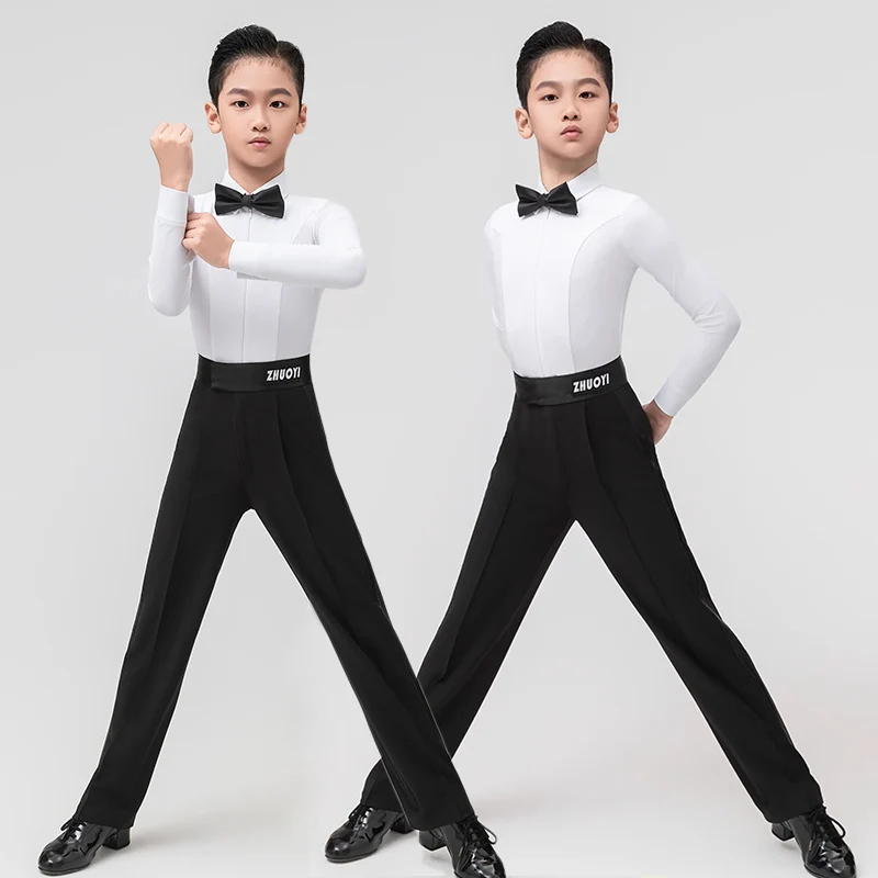 

Boys Latin Dance Tops Long Sleeve White Shirt Black Dance Pants Kids Latin Competition Costume Cha Cha Rumba Stage Wear VDL2386