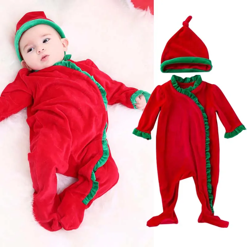 

Рождественский детский костюм, зимний детский красный теплый комбинезон + шапка Санта-Клауса, детское рождественское платье эльфа, новогодняя одежда для новорожденных, 1 год