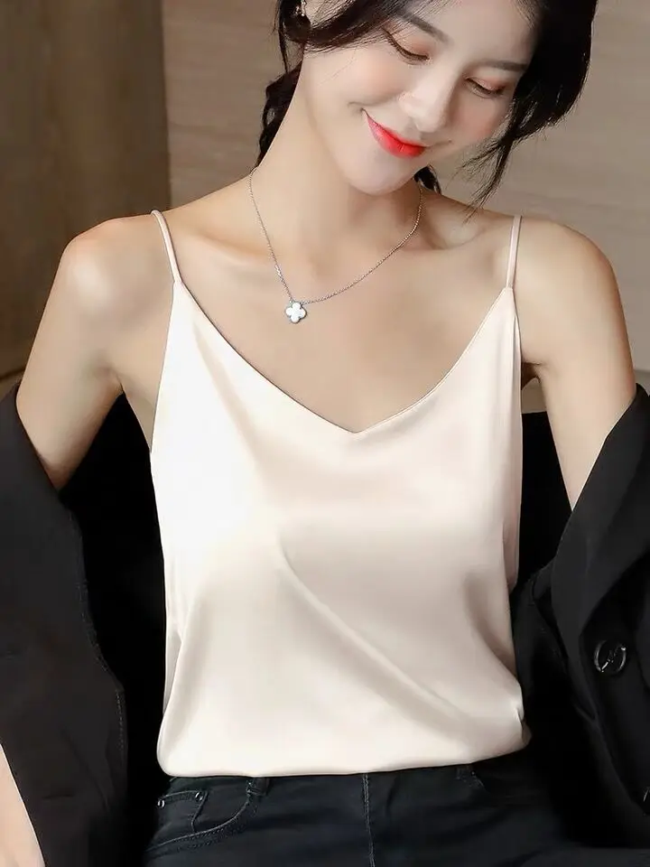 Camisola de satén de seda rosa para mujer, cómoda, con forro de acetato, tops de gasa, tallas grandes, para primavera y verano, camisolas base 2026