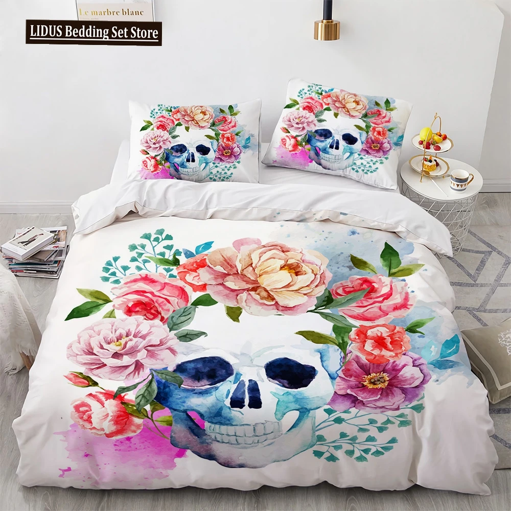 

Skull Duvet Cover Set Queen King 3D Skeleton Floral Skull Pattern Printed Polyester Comforter Cover With Zipper For Teen Adult