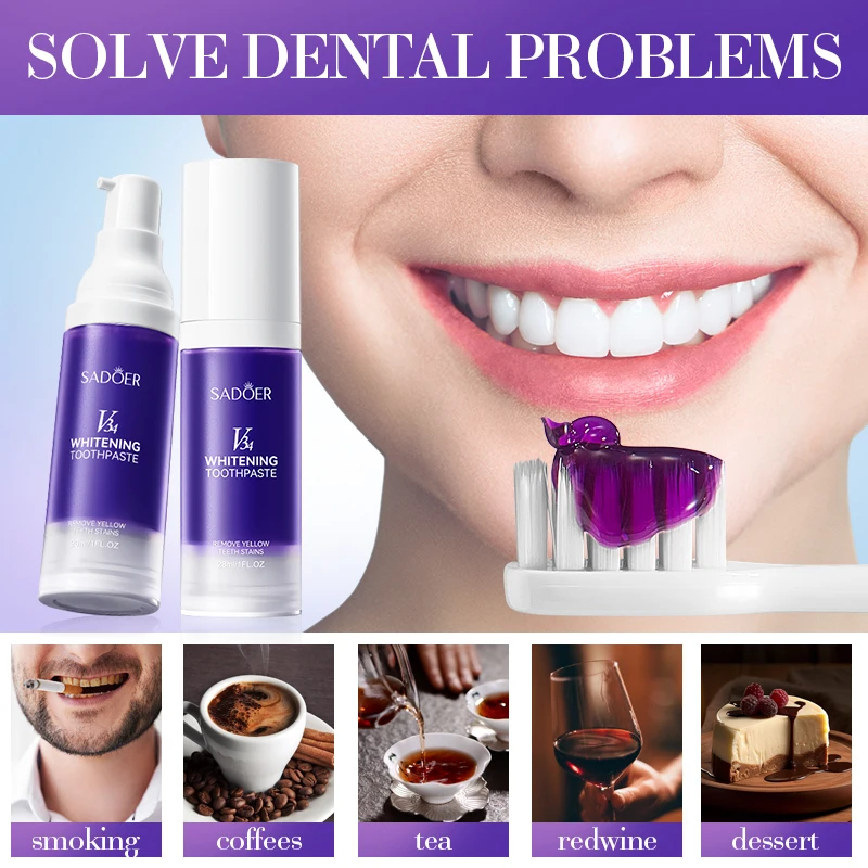 SADOER V34 Toothpaste Stain Removal for Brighter Teeth, Enamel Safe Formula Fresh Mint Fluoride Toothpaste 28/30ml