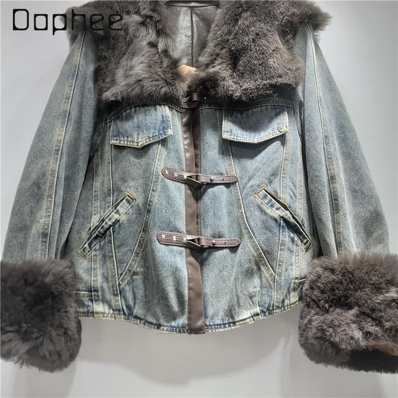 Europäischen Stil Mode Pelz einteiliges Patchwork Denim Parka Frauen High-End-Vintage Plüsch Lange Ärmeln Verdickt Faux Pelz mantel