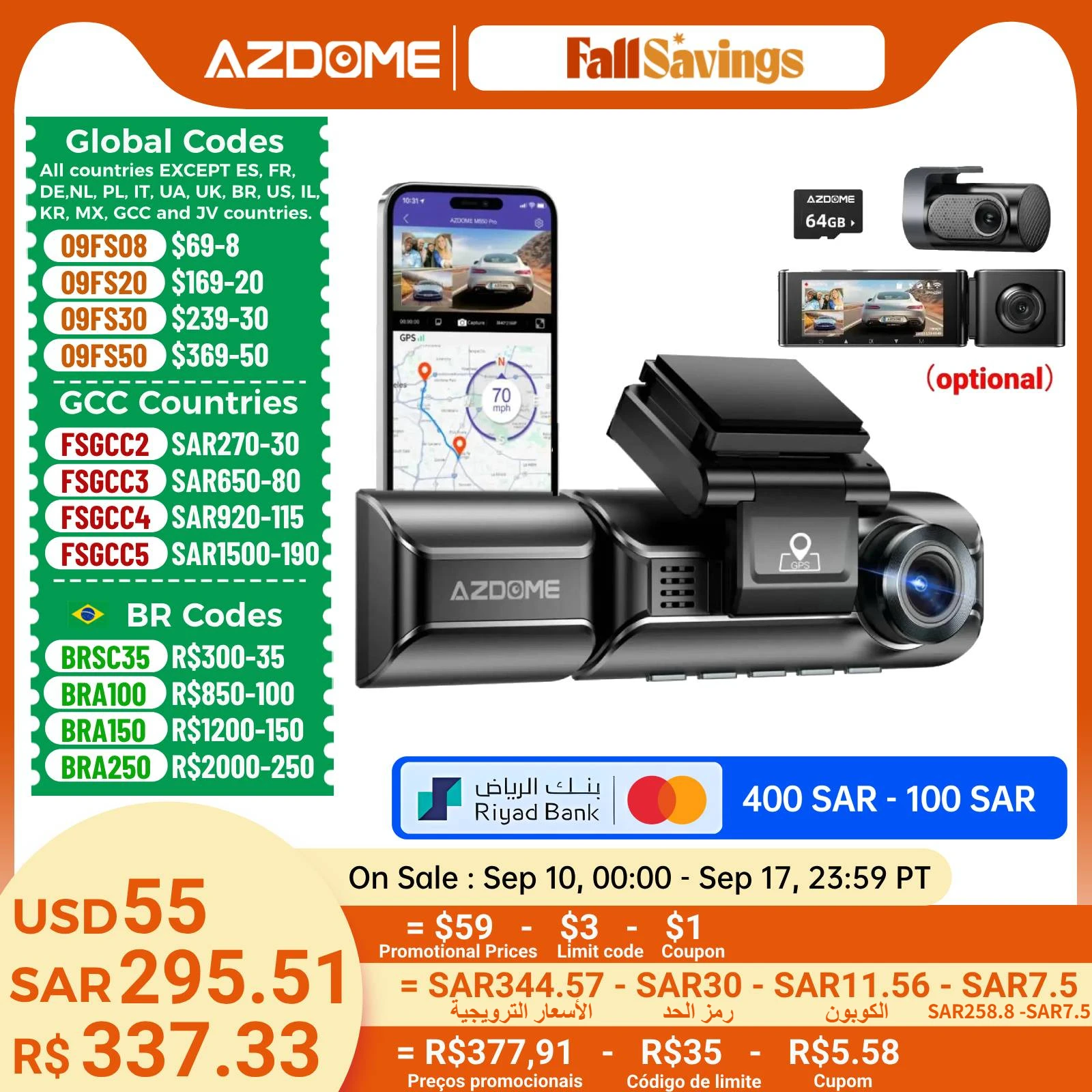 Aggiornamento AZDOME M550 Pro Car DVR Dash Cam 4K 5.8Ghz WiFi 2/3 telecamere anteriore/cabina