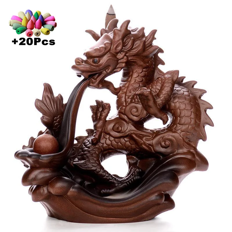 With 20cones Ceramic Dragon Incense Smoke Waterfall Backflow Incense Incense Stick Holder Decor Tea House Craft