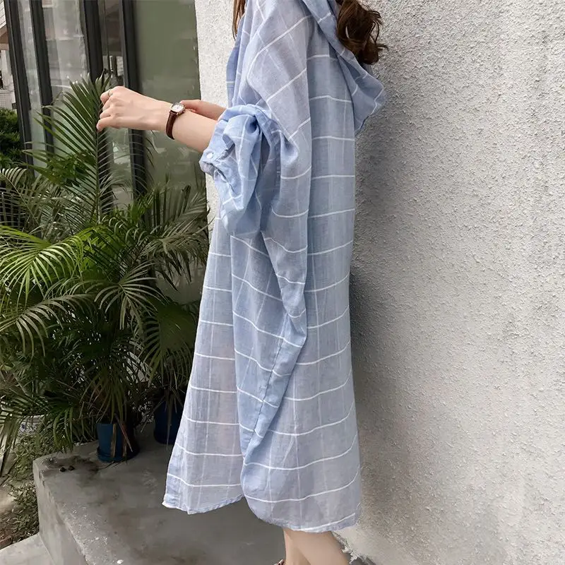 Spring Summer New Mid-Length Women's Sun Protection Shirt Lazy Fashion Loose Plaid Shirt Korean Style Commute Wind Outerwear