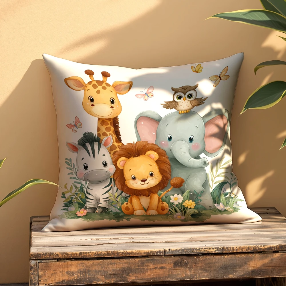 1PC Throw Pillow Cover,Jungle Animal Giraffe Lion Elephant Print,Cute Cartoon Style,For Sofa Bedroom Couch Home Decor