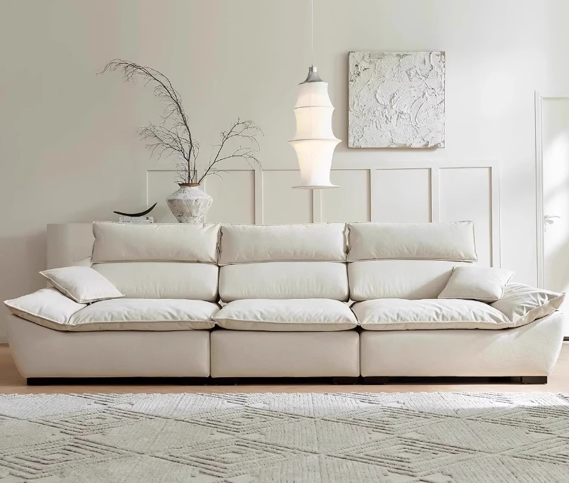 #Modern Ultra- Wide Cream Style Sofa for Living Room High Backrest Light Luxury Sailing Design with High Sitting Depth Movable