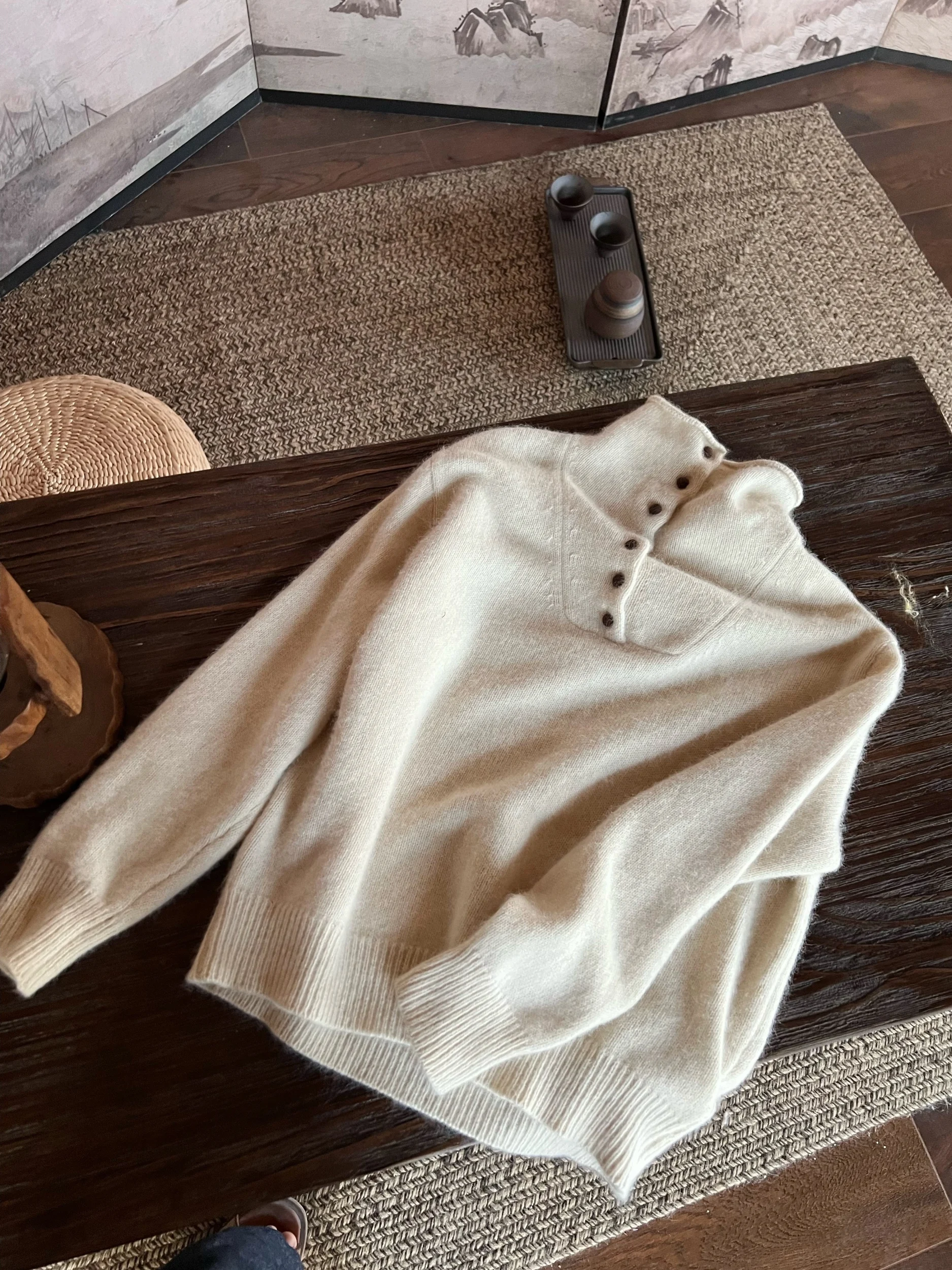 

Warm Woolen Knitted Base Shirt with Turtleneck in off White Color for Women Thickened Autumn Winter Half High Collar Sweater