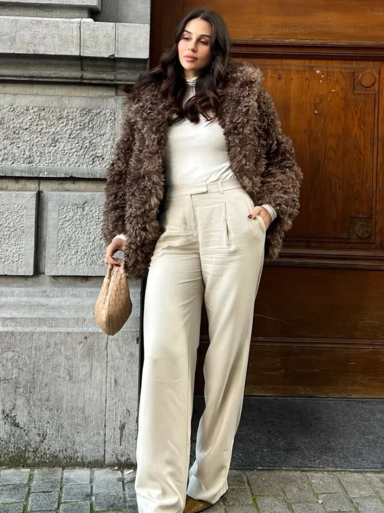 2025 hiver nouvelle dame quotidien rue vêtements d'extérieur marron Teddy bouclés fausse fourrure manteau femmes revers manches longues moelleux lâche vestes courtes