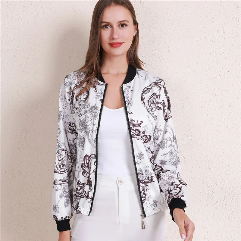 Vintage Autumn Ladies Jacket Flower Print Women Fashion Zipper Up Long Sleeve Casual Coats Slim Basic Bomber Jackets 2023 New