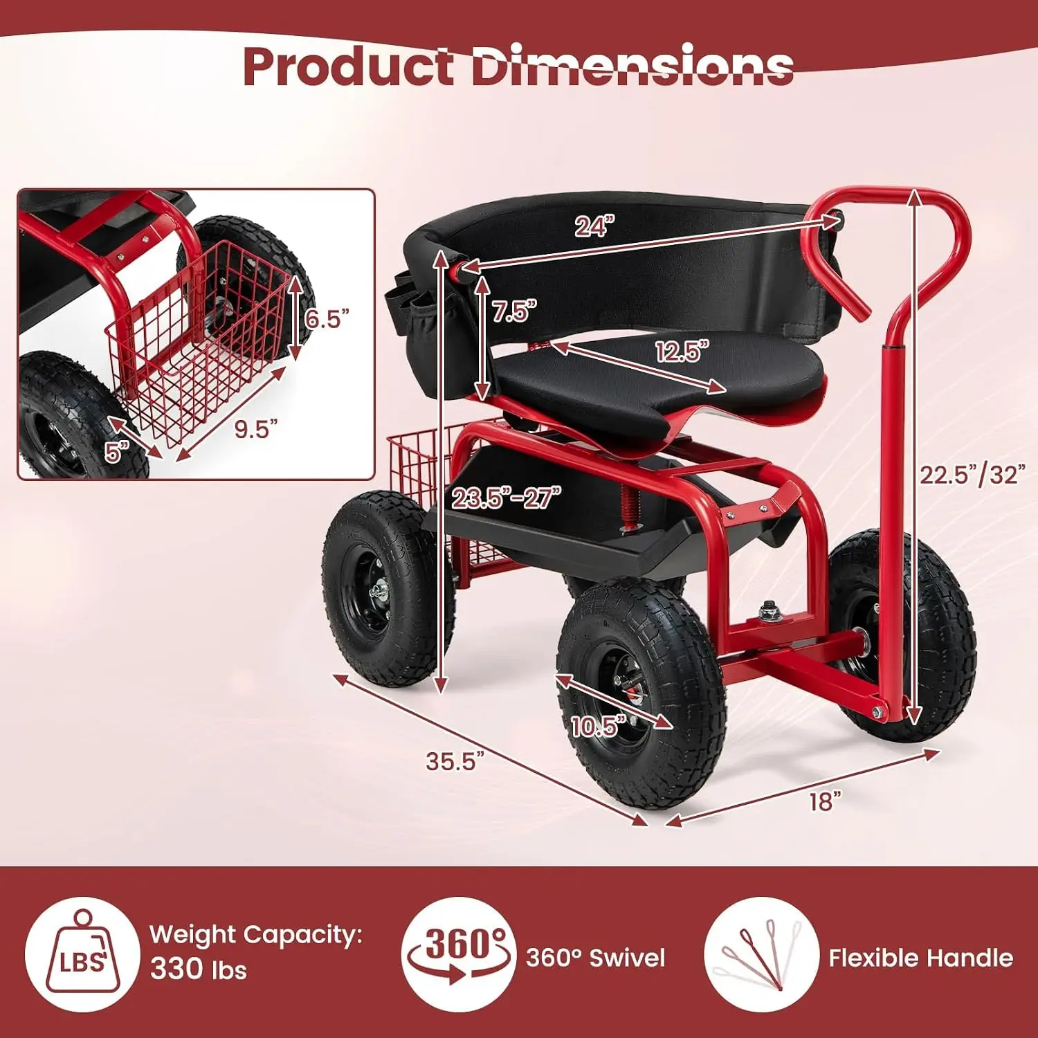 Rolling Garden Seat with Wheels, Adjustable 360° Swivel Workseat and Storage Basket, Extendable Handle, Outdoor Gardening