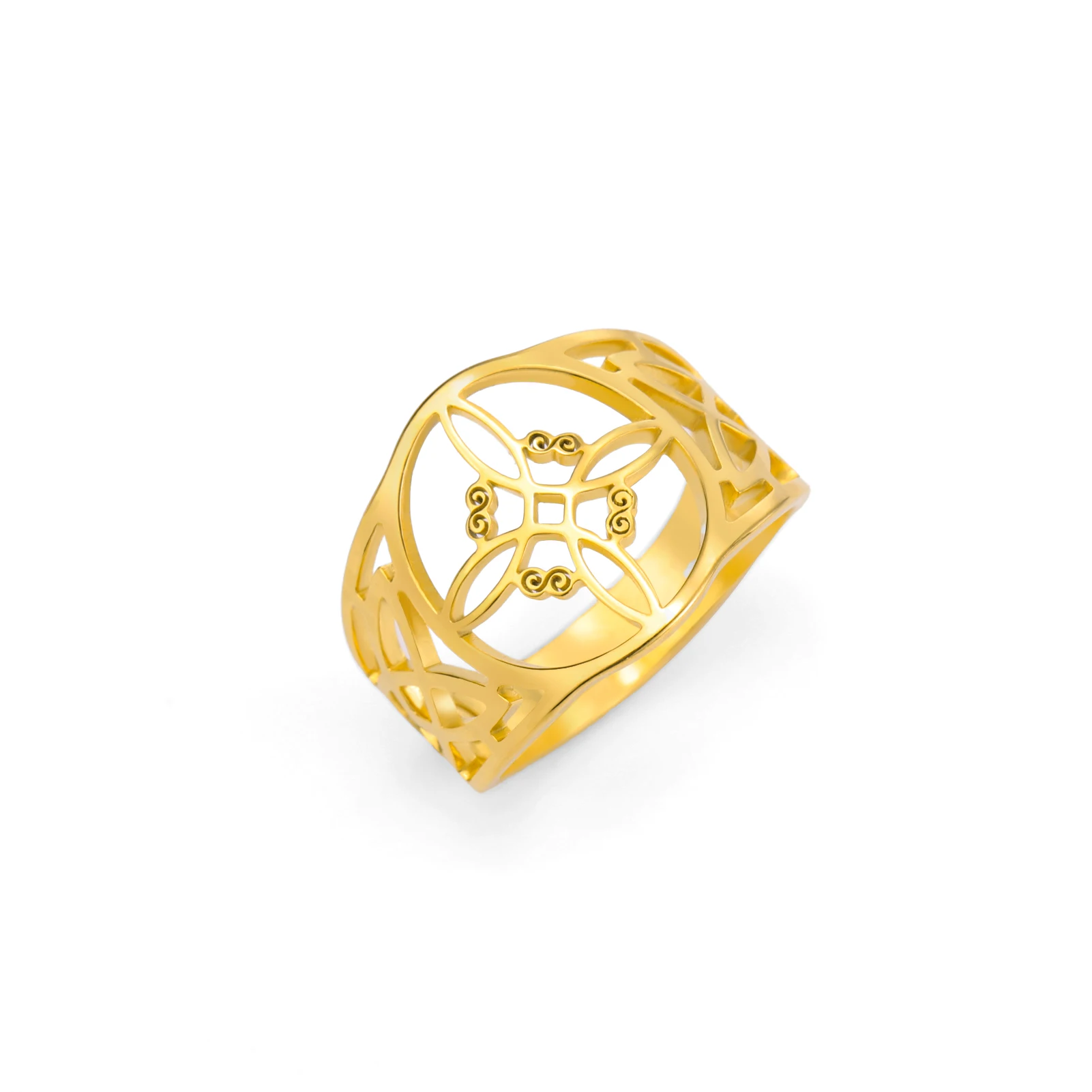 Kkjoy Hexenknoten Keltisches Symbol Ring Edelstahlring Hohl Glücksbringer Schmuck Amulett Ring Geschenk für Frauen Paare Mädchen – Detail 2