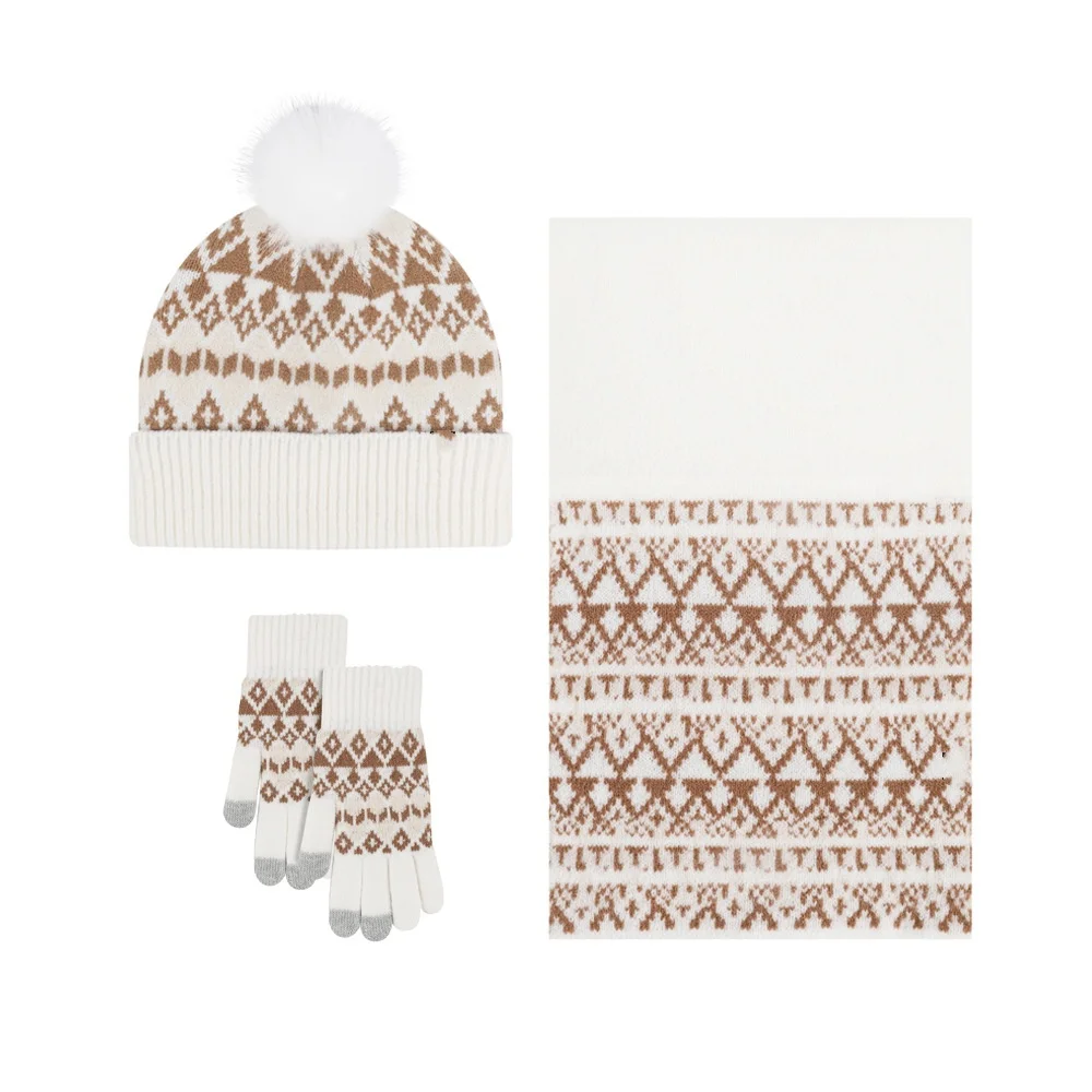 Winter hiking Warm Woolen Jacquard Three-piece Set Winter Knitted Beanie Hat diamond lattice Knitted Gloves Scarves Hat Set