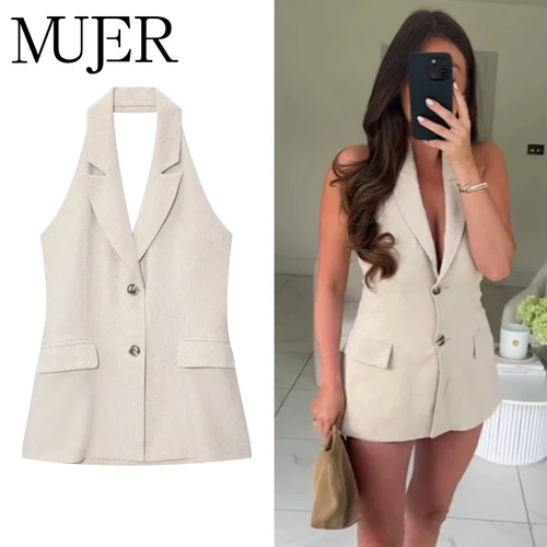 MUJER-Chaleco sin mangas con cuello Halter para mujer, chaleco con botones, Top con hombros descubiertos, chalecos largos para mujer, chalecos sin espalda para mujer