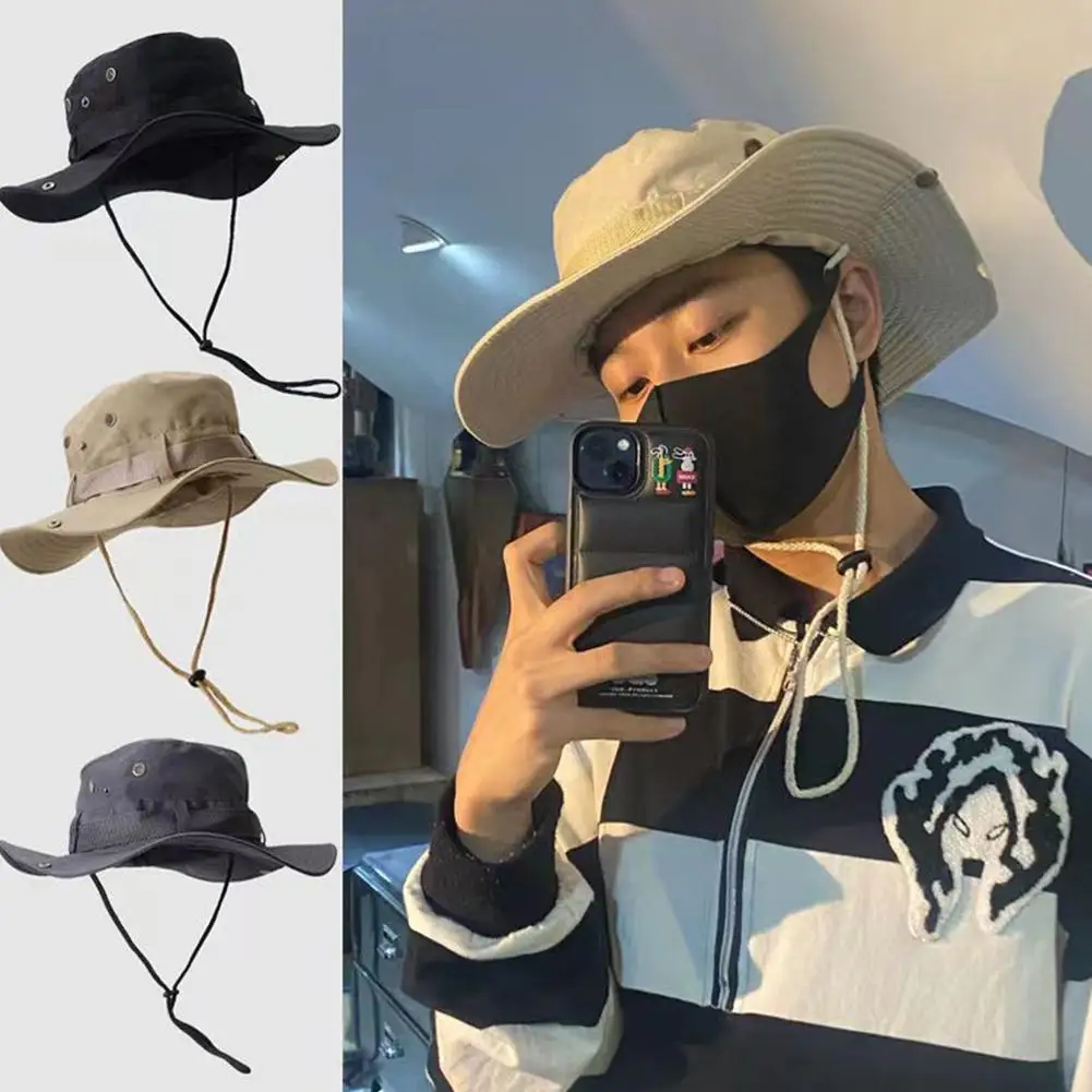 

Summer Men Bucket Hat Outdoor UV Protection Wide Brim Panama Safari Hunting Hiking Mesh Fisherman Hat Beach Sunscreen Cap