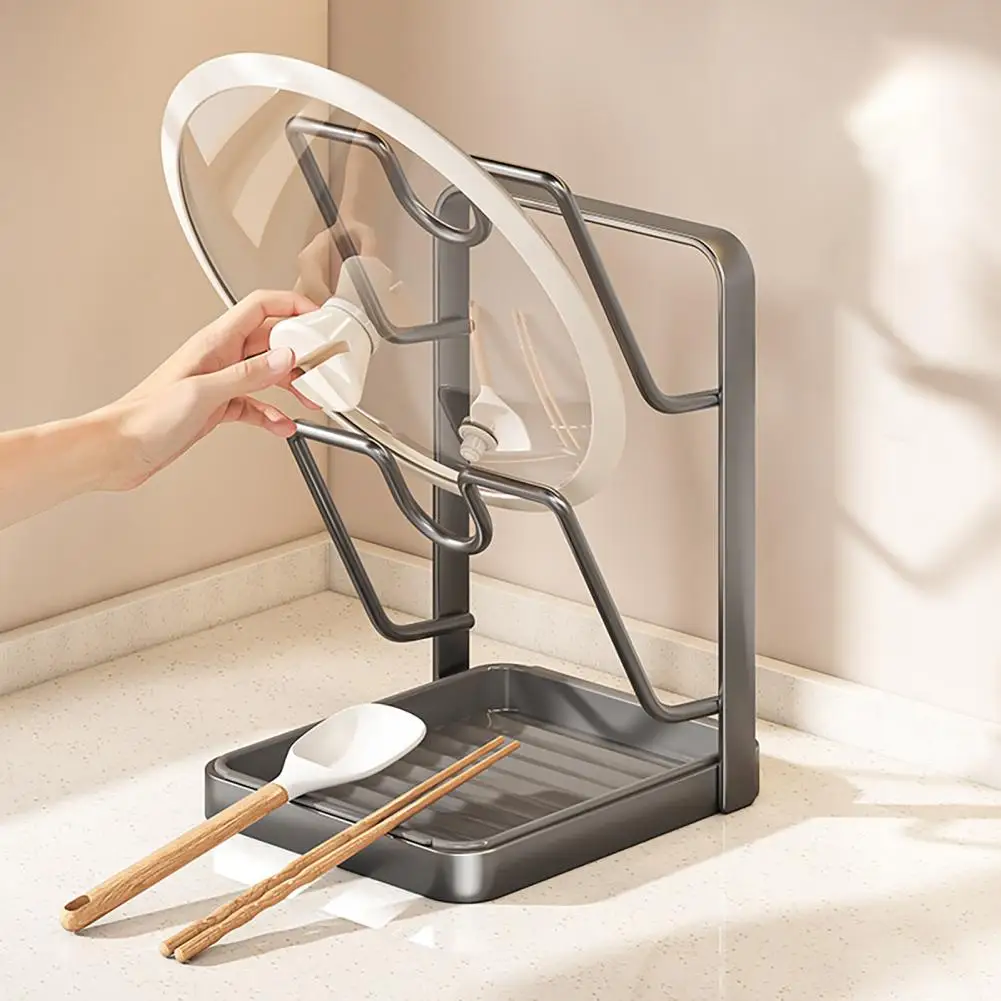 قوي غطاء وعاء رف غطاء وعاء حامل مع مقلاة استنزاف U على شكل الأخدود منظم مطبخ متعدد الوظائف غطاء وعاء ملعقة رف للموقد