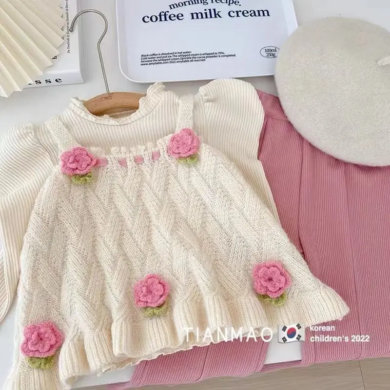 Children Cute Tops Clothing Spring Autumn Girls Clothes Set New Fashion Korean Style knitting Vest Shirts Flare Pants Kids