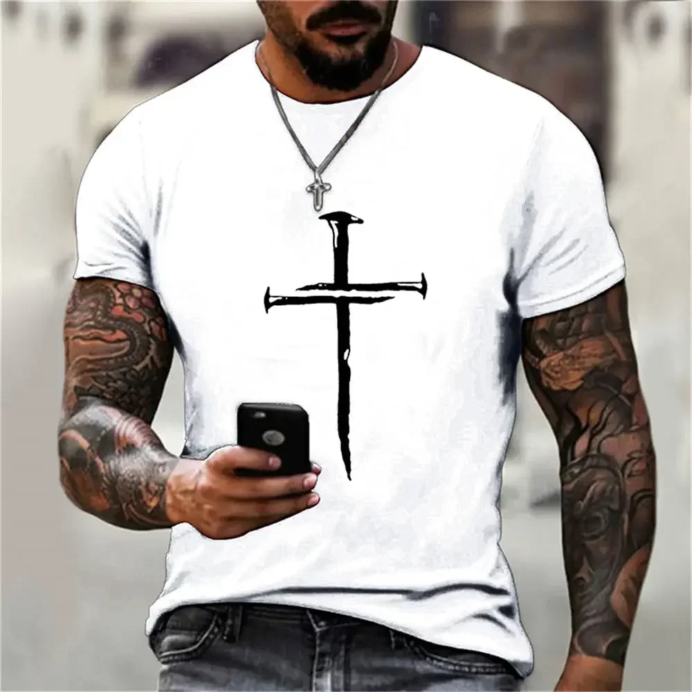 Men's T Shirt Personality Casual Jesus Cross Printed Hip Hop Short Sleeve Round Sport T Shirt Oversized Men Clothing Tops Summer