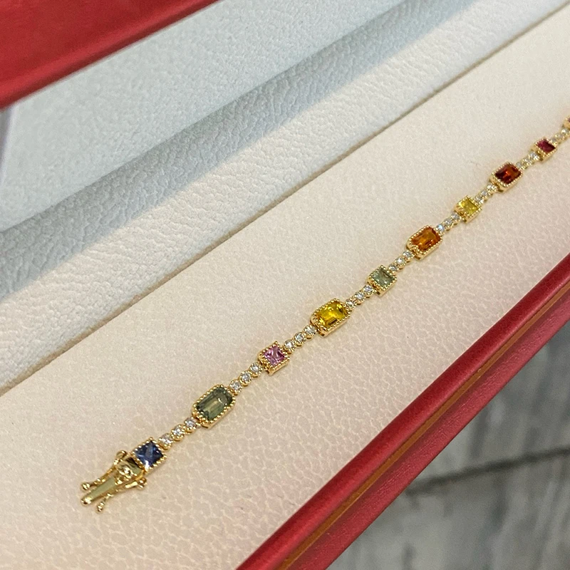 Aazuo Original 18K Yellow Gold Natrual Color Sapphire Real Diamonds Rainbow Bracelet For Woman Upscale Trendy Engagement Party view 2