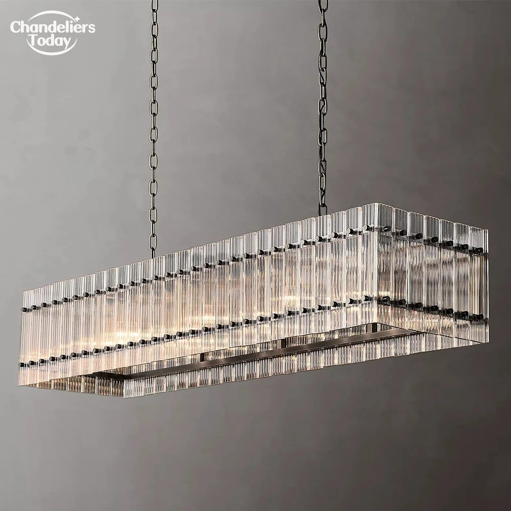 San Marco Rectangular Chandelier Modern Linear Dining Table Chandelier Lighting Luxury Fluted Clear Glass Hanging Light for Home